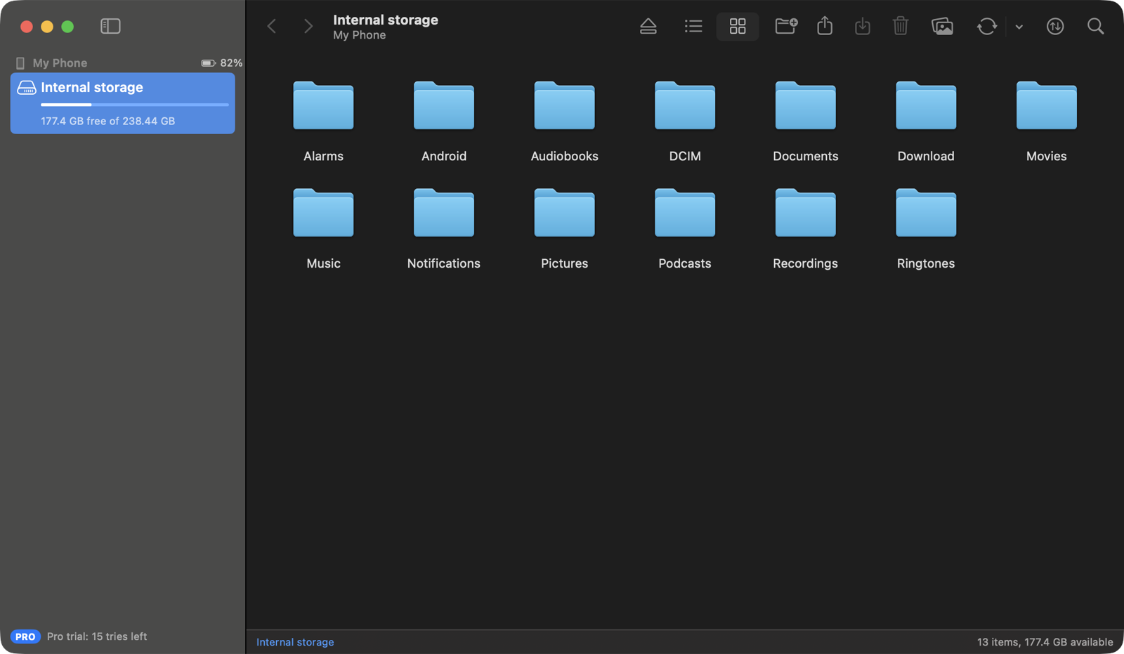 The Synkbay window in icon view, showing the folders on the phone, in dark mode