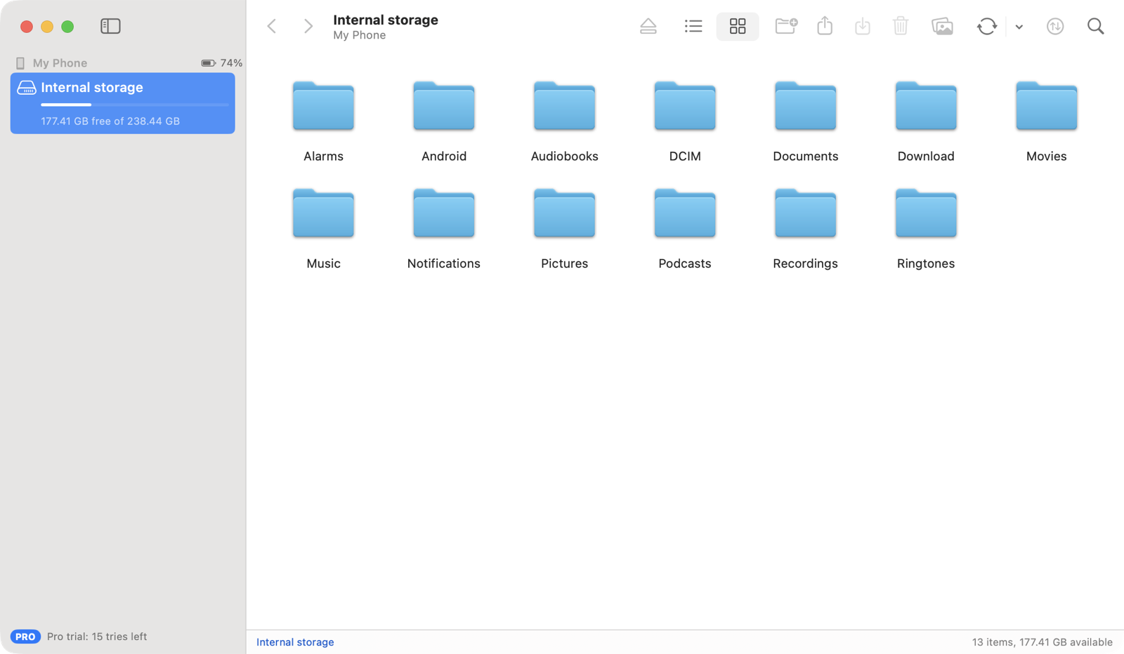 The Synkbay window in icon view, showing the folders on the phone