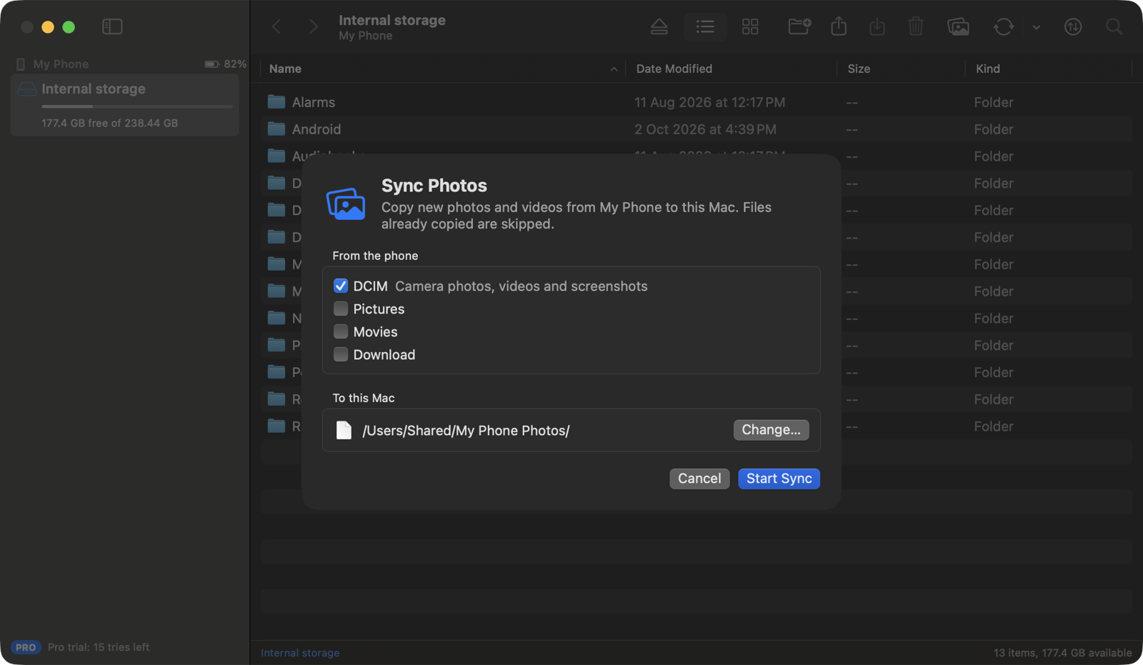 The Sync Photos sheet, with DCIM ticked and a folder on the Mac to copy into, in dark mode