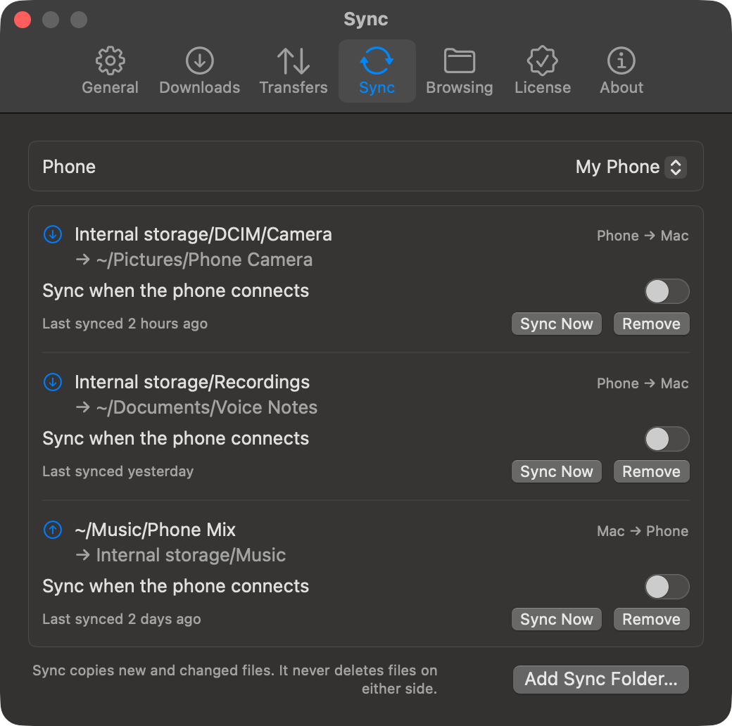 Settings, Sync tab, listing three sync folders between the phone and the Mac, in dark mode