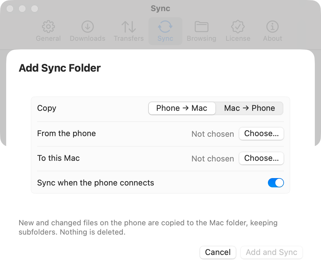 The Add Sync Folder sheet: Copy Phone to Mac or Mac to Phone, From the phone with a Choose button, To this Mac with a Choose button, and Sync when the phone connects