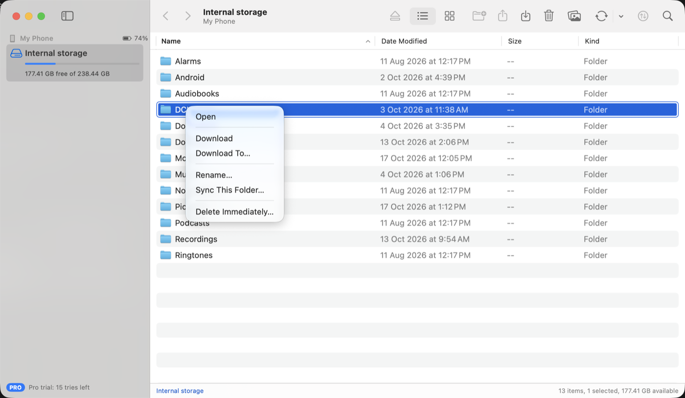 The right-click menu for a folder: Open, Download, Download To, Rename, Sync This Folder and Delete Immediately