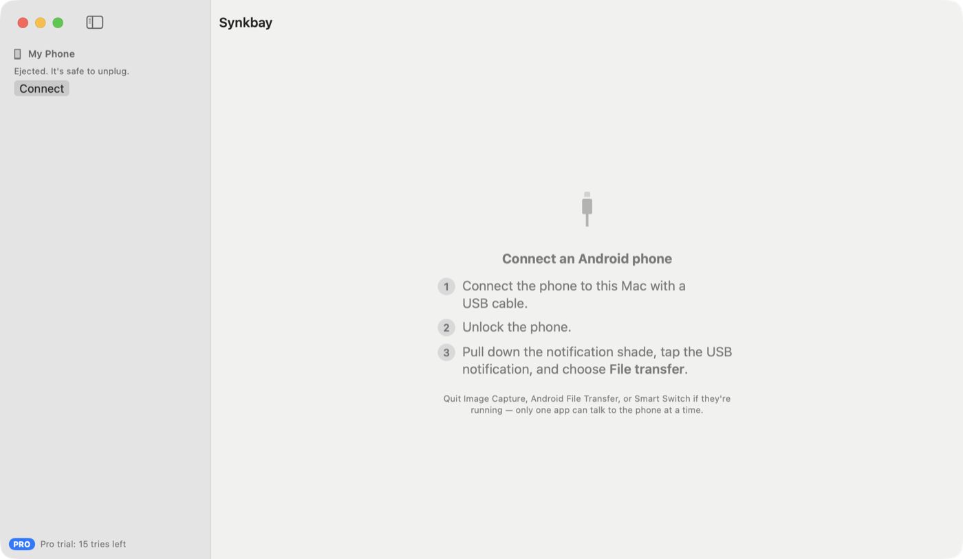 The sidebar after ejecting: the phone with Ejected. It's safe to unplug, and a Connect button