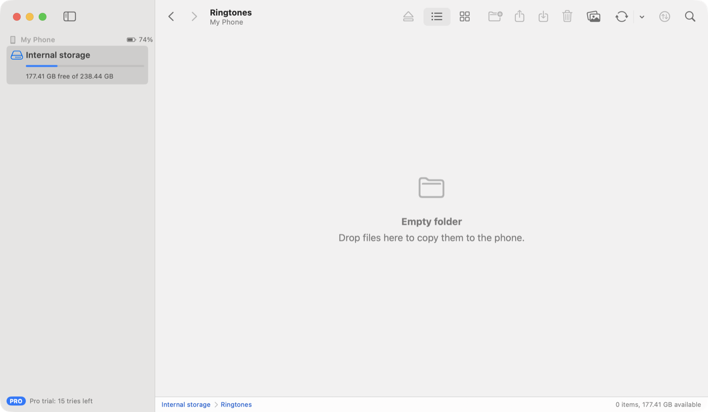 An empty folder on the phone, with the message Drop files here to copy them to the phone