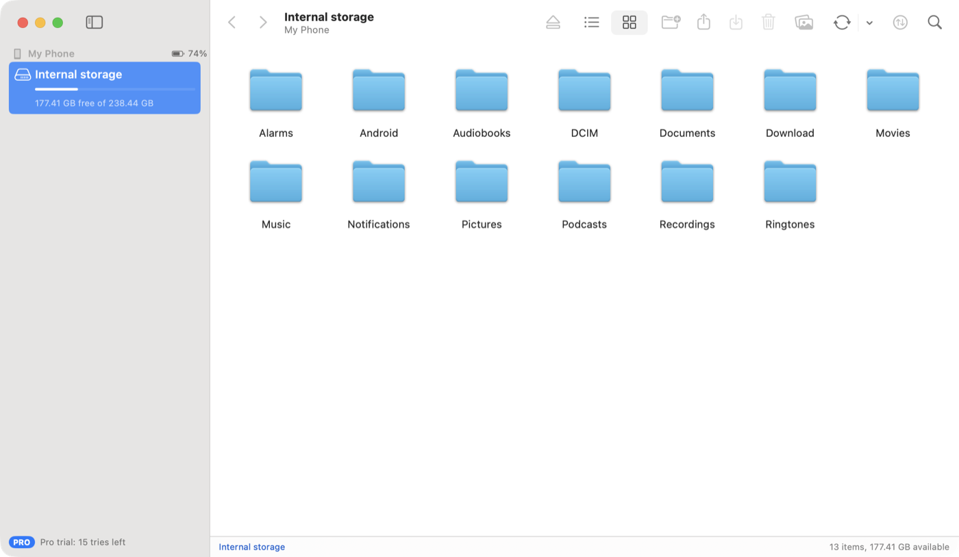 Synkbay in icon view, showing the phone's folders as large folder icons
