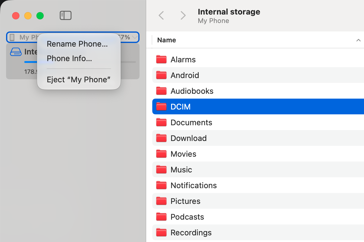 The right-click menu for a phone in the sidebar: Rename Phone, Phone Info and Eject