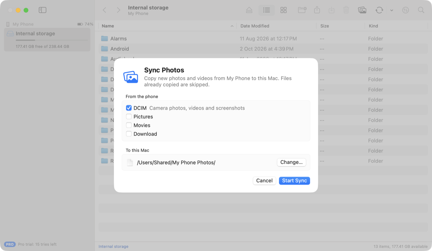 The Sync Photos sheet, with DCIM ticked as the source and a Pictures folder on the Mac as the destination