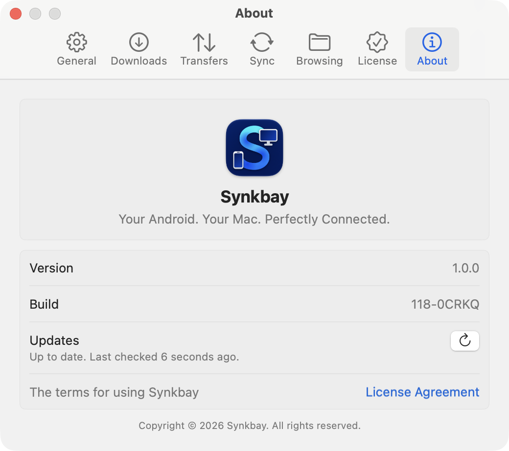 Settings, About tab: the Synkbay icon, tagline, version, build, Updates (up to date, when last checked, with a refresh button) and a link to the License Agreement