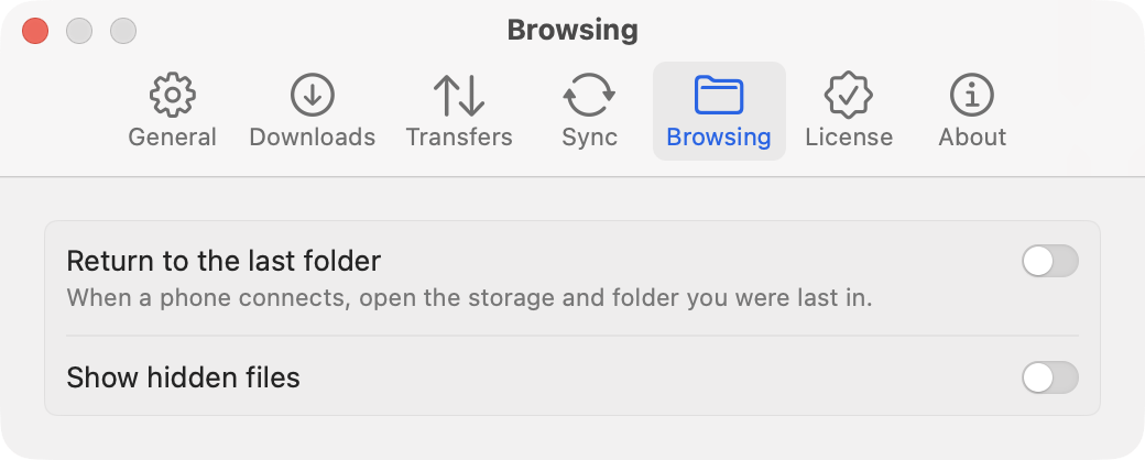 Settings, Browsing tab: Return to the last folder and Show hidden files