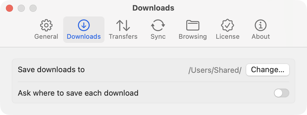 Settings, Downloads tab: the folder downloads are saved to, with a Change button, and Ask where to save each download