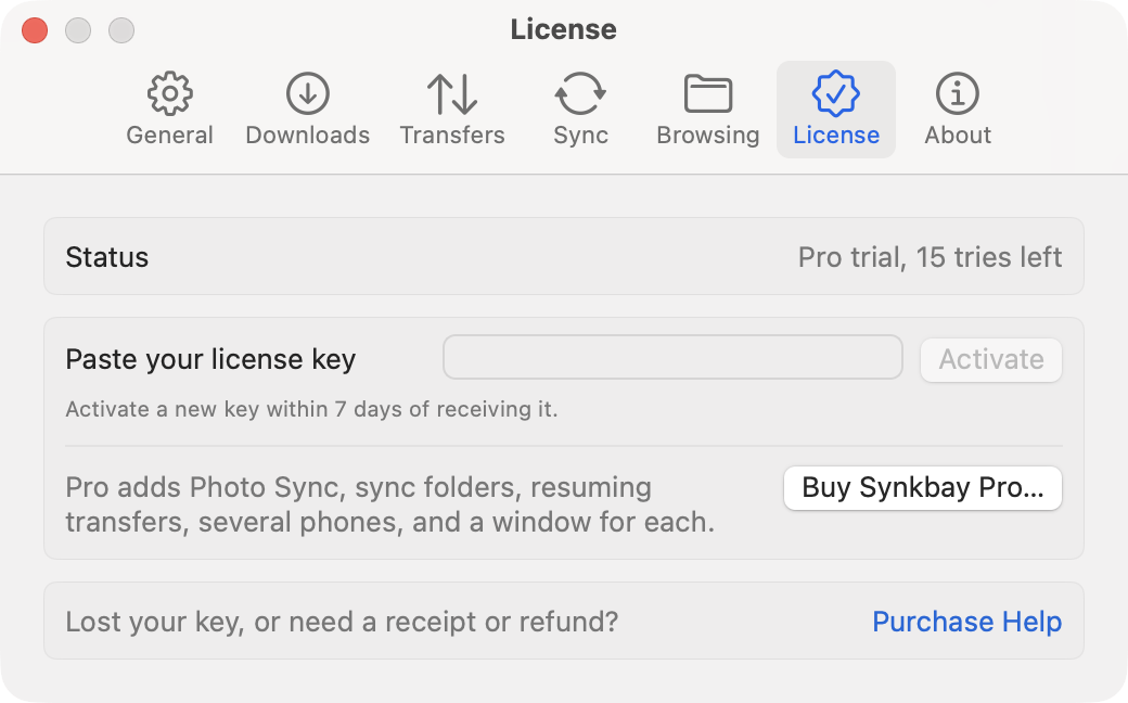 Settings, License tab during the trial: status Pro trial with tries left, a field to paste a license key with an Activate button, Buy Synkbay Pro, and Purchase Help