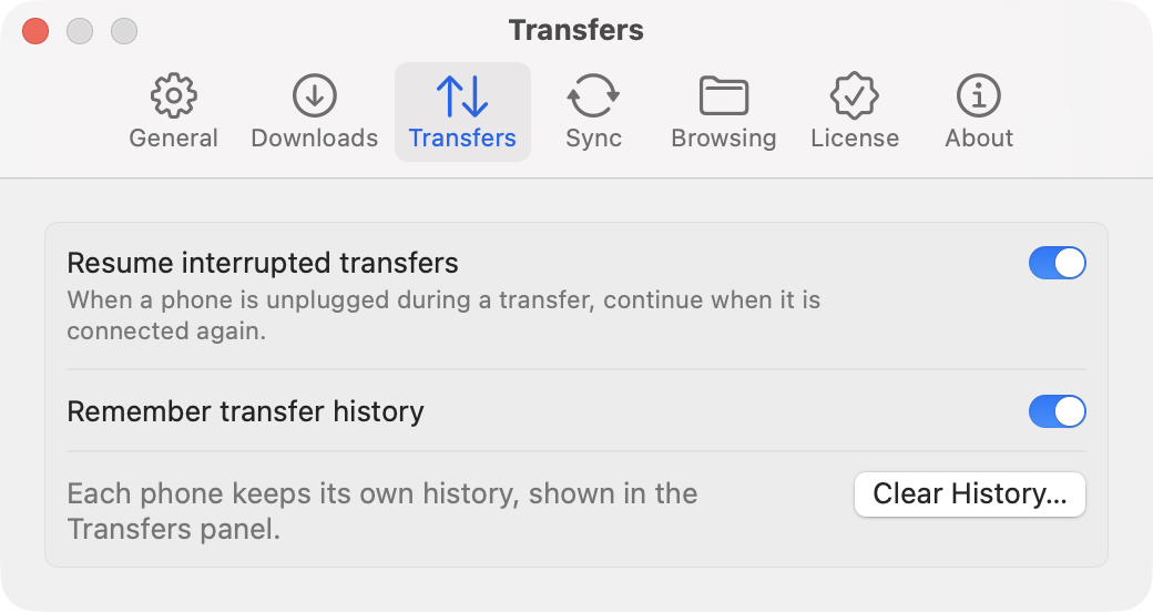 Settings, Transfers tab: Resume interrupted transfers, Remember transfer history, and Clear History