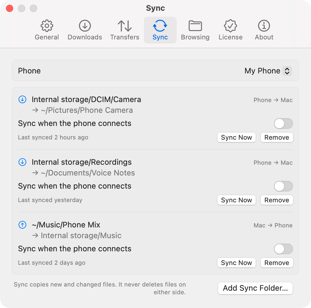 Settings, Sync tab, with three sync folders: two from the phone to the Mac and one from the Mac to the phone, each with Sync Now and Remove buttons