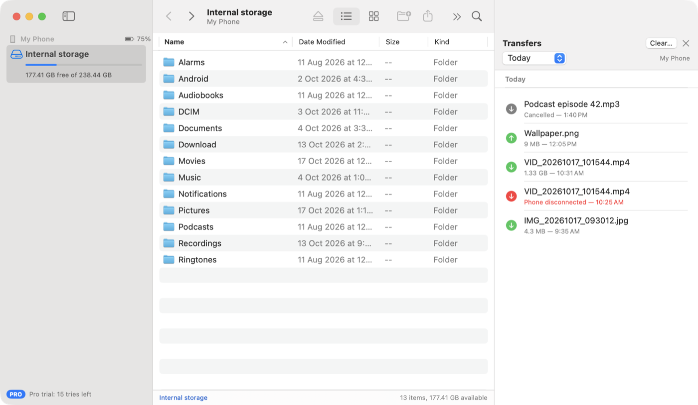 The Synkbay window with the Transfers panel open on the right, listing today's transfers: completed downloads, an upload, a download that failed with Phone disconnected and its successful retry, and a cancelled download
